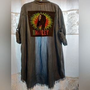 2x Womens denim 3/4 sleeves button up kimono/dress with fringe distres..Upcycle